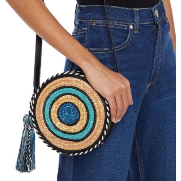 Rebecca Minkoff Straw Circle Crossbody Bag, Blue Multi - Picture 1 of 14